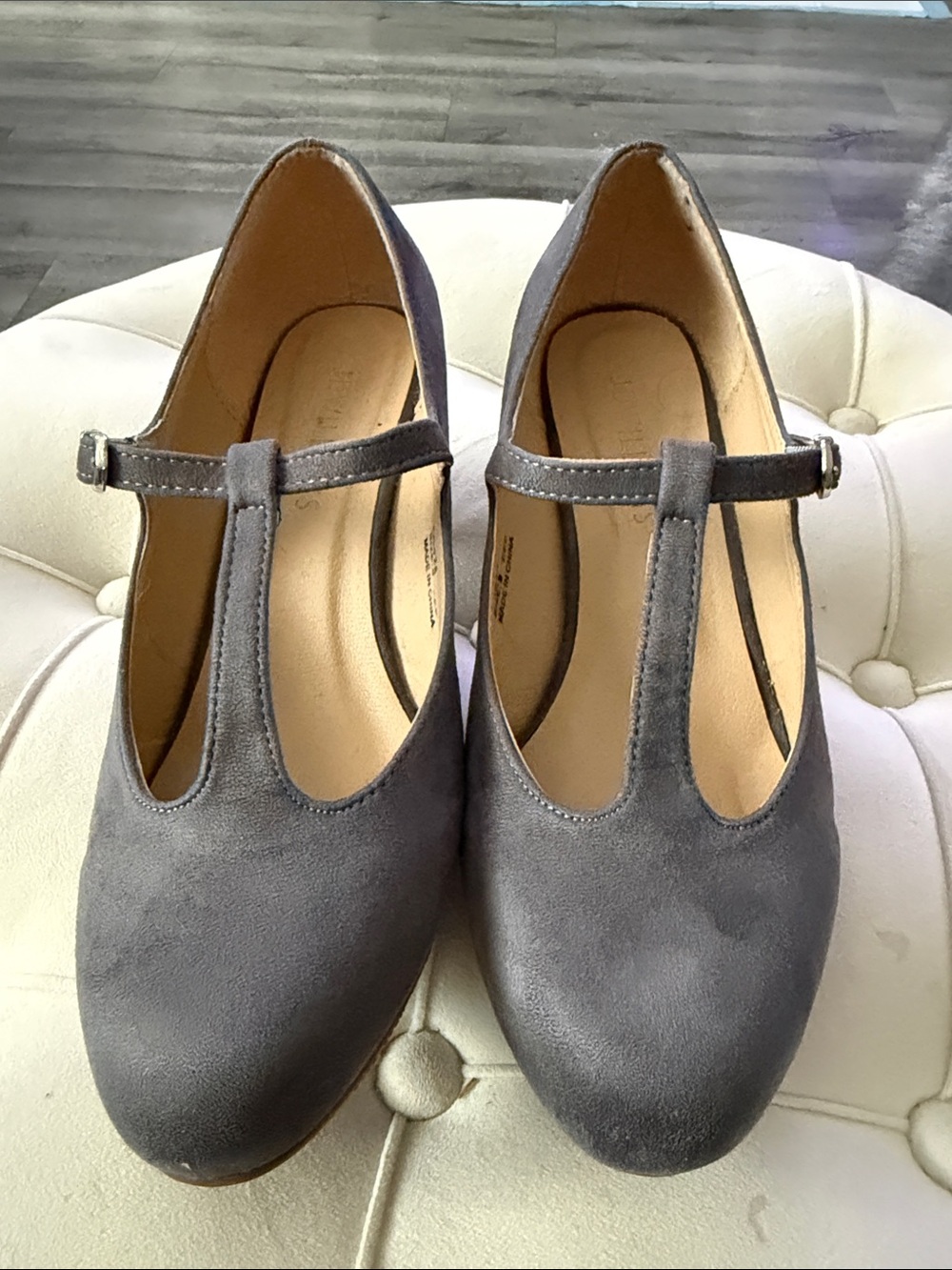 Slate Gray Suede T-Strap Pumps